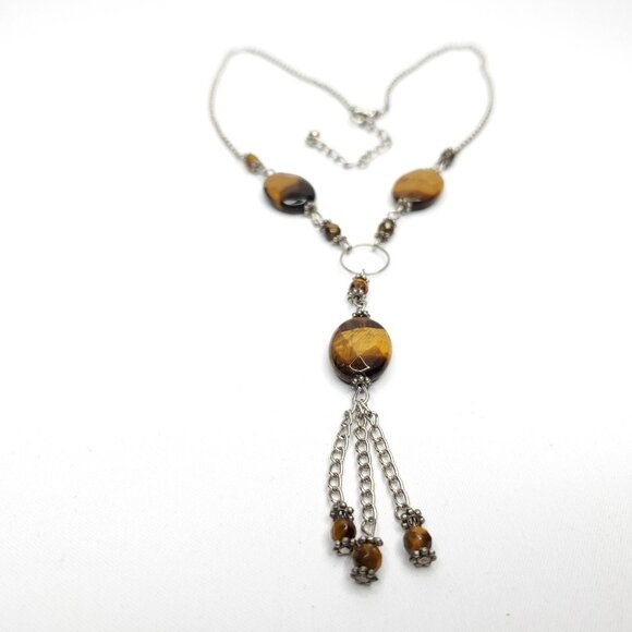 Faceted Tigers Eye Beaded Y Necklace Tassels Silvertone Chain - Picture 3 of 3